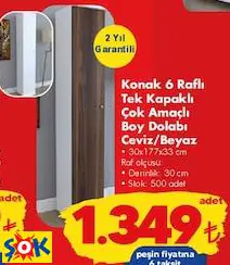 KONAK 6 RAFLI TEK KAPAKLI ÇOK AMAÇLI BOY DOLABI CEVİZ/BEYAZ